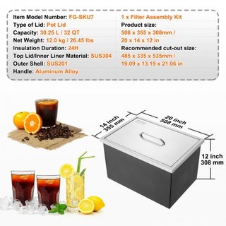 Cofre de Hielo Integrado, 51 cm L x 36 cm W x 30.5 cm H Enfriador de Acero Inoxidable, Bin de Hielo Comercial con Tapa, Bar de Hielo para Cocina Exterior de 37.9 L, Incluye Tubería de Drenaje y Ta...