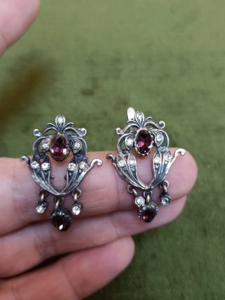 Pendientes Antiguos Plata y Pedrería Morada