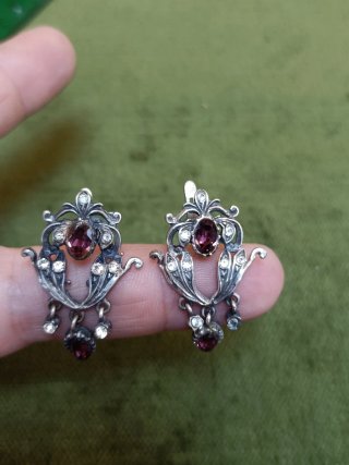 Pendientes Antiguos Plata y Pedrería Morada