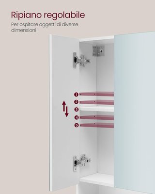 Colección KAILYN - Armario de Baño de Pared con Puertas Espejo, Mueble Colgante de Baño, Espejo, Compartimento Abierto, Estantes Regulables, 16,5 X 70 X 75 Cm, Blanco Nube BBK129W01