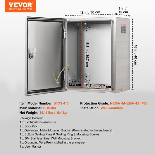 Caja Eléctrica de Acero, 40.6 x 30.5 x 15.2 cm, Caja de Enclosure Eléctrico de Acero Inoxidable 304, Enclosure de Equipos Electrónicos Eléctricos para Montaje en Pared al Aire Libre con Placa de M...