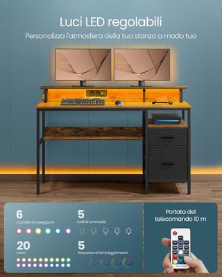 Escritorio para Computadora con Cajones de Tela, Soporte para Monitor, Luces LED y Toma de Corriente, 55 x 135 x 90 cm, 2 Puertos USB-A, Marrón Vintage LWD094K02