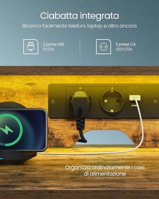 Escritorio para Computadora con Cajones de Tela, Soporte para Monitor, Luces LED y Toma de Corriente, 55 x 135 x 90 cm, 2 Puertos USB-A, Marrón Vintage LWD094K02