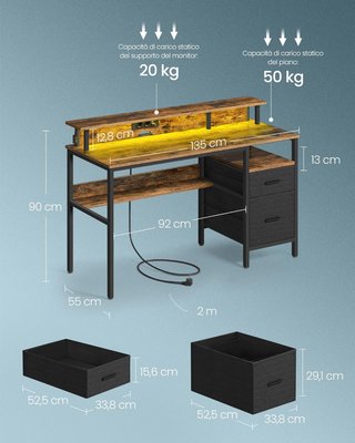 Escritorio para Computadora con Cajones de Tela, Soporte para Monitor, Luces LED y Toma de Corriente, 55 x 135 x 90 cm, 2 Puertos USB-A, Marrón Vintage LWD094K02