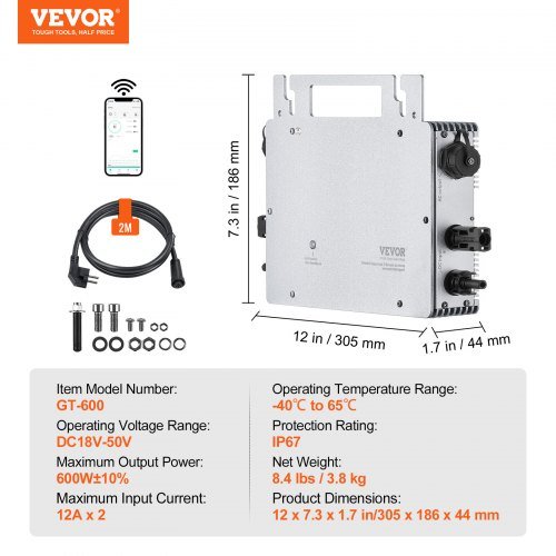 Inversor Micro Solar de Conexión a Red, 600W, Inversor Micro Solar, Inversor de Conexión a Red de Aleación de Aluminio Impermeable IP67, Voltaje de Funcionamiento DC18-50V con Antena Wifi APP y Ca...