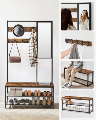 Perchero Con Zapatero, Mueble De Entrada Con Ganchos, Espejo, Banco Y Estantes, 35 X 98 X 180 Cm, Pasillo Dormitorio Salón, Industrial, Marrón Vintage Y Negro Tinta HSR415B01
