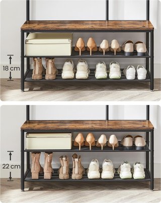 Perchero Con Zapatero, Mueble De Entrada Con Ganchos, Espejo, Banco Y Estantes, 35 X 98 X 180 Cm, Pasillo Dormitorio Salón, Industrial, Marrón Vintage Y Negro Tinta HSR415B01
