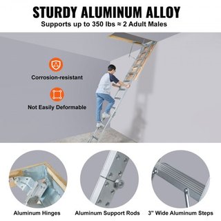 Escalera de Ático Plegable, Capacidad de 158.8 kg, 57.15 cm x 160 cm, Extensión de Aluminio Multiusos, Ligera y Portátil, Se Ajusta a Alturas de Techo de 2.9m-3.7m, Acceso Conveniente a su Ático E...