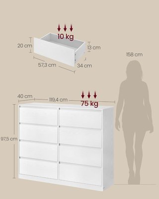 Colección KAILYN - Cajonera con 8 Cajones, Cómoda, Mueble con Cajones, Porta Ropa, 40 x 119,4 x 97,5 cm, Estilo Moderno, Blanco Nieve LTS618WE01