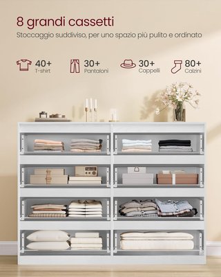 Colección KAILYN - Cajonera con 8 Cajones, Cómoda, Mueble con Cajones, Porta Ropa, 40 x 119,4 x 97,5 cm, Estilo Moderno, Blanco Nieve LTS618WE01