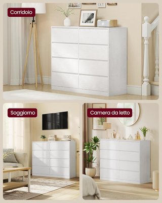 Colección KAILYN - Cajonera con 8 Cajones, Cómoda, Mueble con Cajones, Porta Ropa, 40 x 119,4 x 97,5 cm, Estilo Moderno, Blanco Nieve LTS618WE01