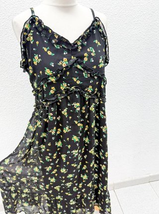 Vestido vintage negro flores amarillas XL