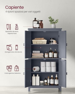 Mueble de Baño, Mueblecito de Baño, Credenza de Cocina, Armario con 4 Puertas, Estantes Regulables, 30 X 60 X 110 Cm, Gris Pizarra BBC552G01