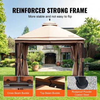 Gazebo de Patio para 10-12 Personas, 10 x 13 PIES Gazebo de Jardín, con Mosquitera, Estructura de Metal y Poliéster 180G Recubierto de PU, Refugio de Dosel Exterior para Patio, Jardín, Césped, Jar...