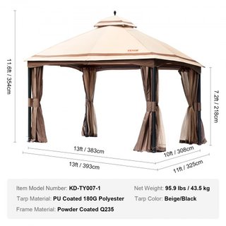 Gazebo de Patio para 10-12 Personas, 10 x 13 PIES Gazebo de Jardín, con Mosquitera, Estructura de Metal y Poliéster 180G Recubierto de PU, Refugio de Dosel Exterior para Patio, Jardín, Césped, Jar...