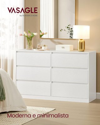Cómoda Con 6 Cajones, Comó, Mueble Con Cajones, Porta Ropa, 40 X 119,4 X 75 Cm, Estilo Moderno, Blanco Nieve