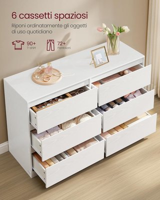 Cómoda Con 6 Cajones, Comó, Mueble Con Cajones, Porta Ropa, 40 X 119,4 X 75 Cm, Estilo Moderno, Blanco Nieve