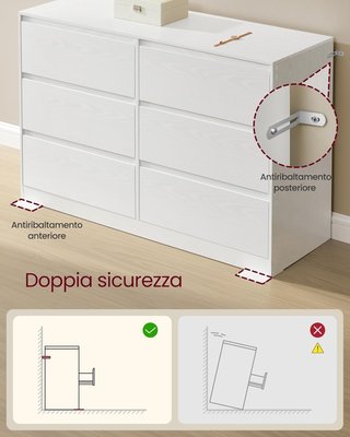 Cómoda Con 6 Cajones, Comó, Mueble Con Cajones, Porta Ropa, 40 X 119,4 X 75 Cm, Estilo Moderno, Blanco Nieve