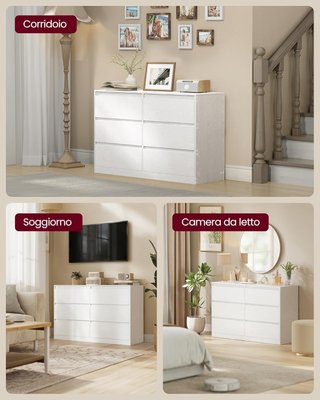 Cómoda Con 6 Cajones, Comó, Mueble Con Cajones, Porta Ropa, 40 X 119,4 X 75 Cm, Estilo Moderno, Blanco Nieve