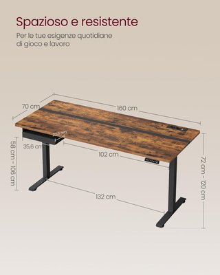 Escritorio Eléctrico Ajustable en Altura, Tablero de Mesa 70 X 160 Cm, Ajustable Continuamente, Función de Memoria con 4 Alturas, Marrón Vintage y Negro Tinta LSD116X01