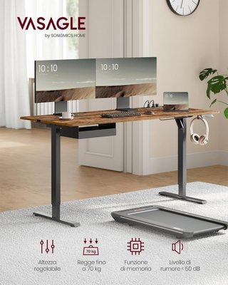 Escritorio Eléctrico Ajustable en Altura, Tablero de Mesa 70 X 160 Cm, Ajustable Continuamente, Función de Memoria con 4 Alturas, Marrón Vintage y Negro Tinta LSD116X01