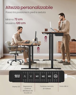 Escritorio Eléctrico Ajustable en Altura, Tablero de Mesa 70 X 160 Cm, Ajustable Continuamente, Función de Memoria con 4 Alturas, Marrón Vintage y Negro Tinta LSD116X01