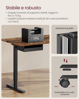 Escritorio Eléctrico Ajustable en Altura, Tablero de Mesa 70 X 160 Cm, Ajustable Continuamente, Función de Memoria con 4 Alturas, Marrón Vintage y Negro Tinta LSD116X01