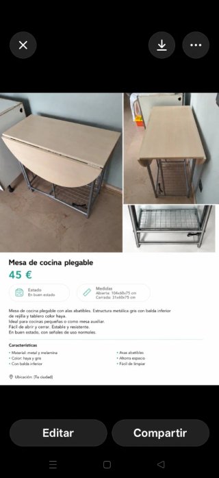 Mesa de cocina plegable haya y gris