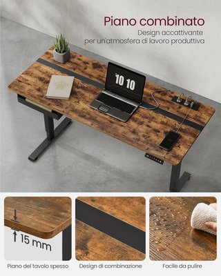 Escritorio Regulable en Altura, Escritorio Eléctrico, Tablero de Mesa 60 X 140 Cm, Regulable de Forma Continua, Función de Memoria con 4 Alturas, Marrón Vintage y Negro LSD114X01