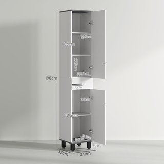 Columna de Baño Moderna Con Cajón, 2 Armarios, Mueble de Baño Ahorrador de Espacio Alto Con 2 Puertas y Estantes Regulables, Mueble de Baño de Madera, 34X32X190 Cm, Blanco Brillante