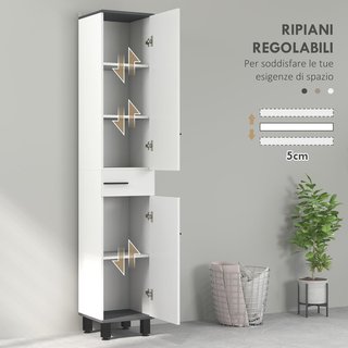Columna de Baño Moderna Con Cajón, 2 Armarios, Mueble de Baño Ahorrador de Espacio Alto Con 2 Puertas y Estantes Regulables, Mueble de Baño de Madera, 34X32X190 Cm, Blanco Brillante