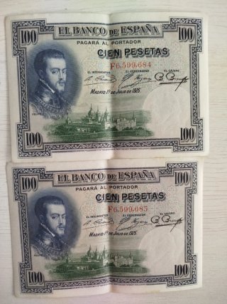 2 Billetes 100 Pesetas España 1925 Serie Correlati