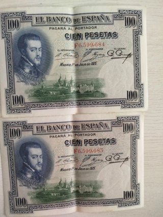 2 Billetes 100 Pesetas España 1925 Serie Correlati