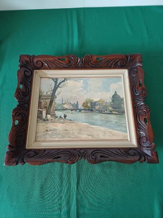 Antiguo cuadro acuarela río y edificios