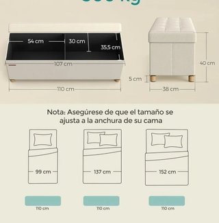 Puff Almacenaje 110 cm con Patas 112 L Blanco SONGMICS LSF018W11