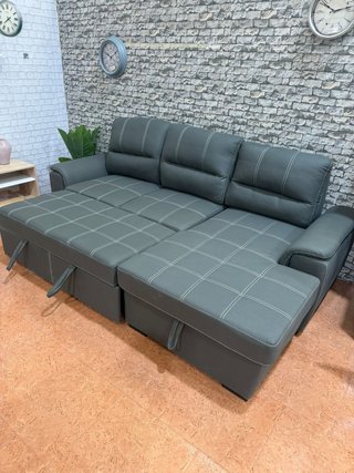 Sofá Cama Gris 3 Plazas Piel Sintética