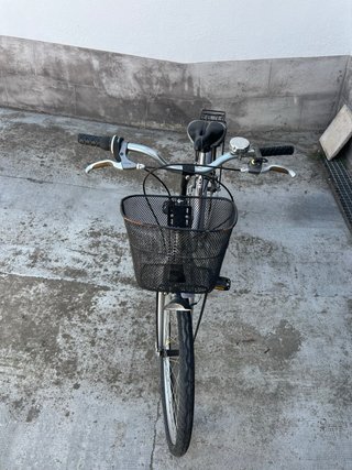 Bicicleta de ciudad plateada con cesta