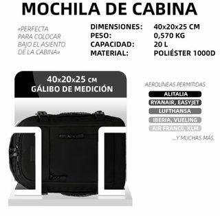 Mochila Ryanair medidas avión 40x20x25cm