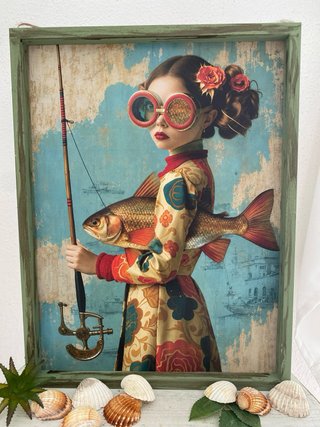 Cuadro verde envejecido niña pescadora