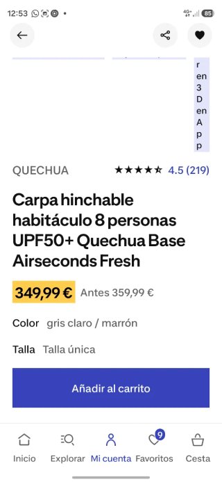 Carpa hinchable Quechua 4 personas UPF50+
