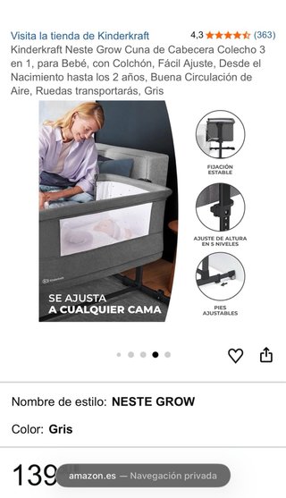 Cuna colecho 3 en 1 Kinderkraft gris con su colcho