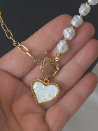 Collar Corazón Nacar Perlas Barrocas Dorado- Nuevo