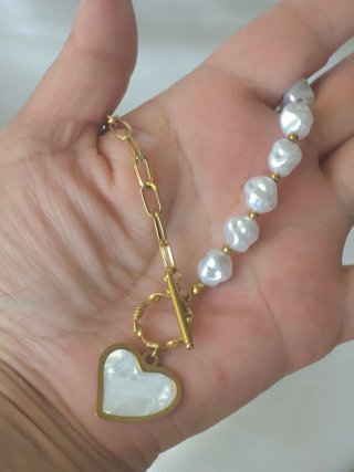 Collar Corazón Nacar Perlas Barrocas Dorado- Nuevo