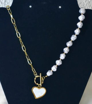 Collar Corazón Nacar Perlas Barrocas Dorado- Nuevo