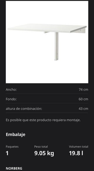 Mesa abatible Ikea Norberg blanca