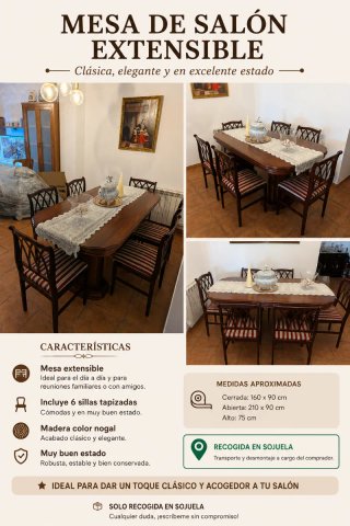 Mesa de salón extensible y 6 sillas
