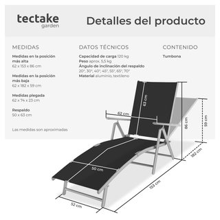 Tumbonas, aluminio, ajustable en 7 niveles, transpirable, gris oscuro