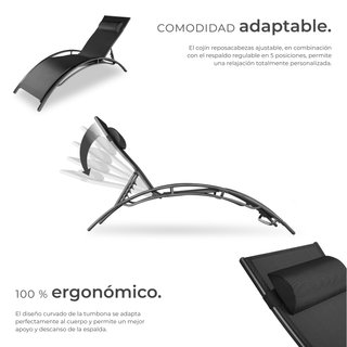2 tumbonas, aluminio, ajustable en 5 niveles, 180 x 59 x 50 cm, negro