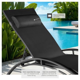 2 tumbonas, aluminio, ajustable en 5 niveles, 180 x 59 x 50 cm, negro