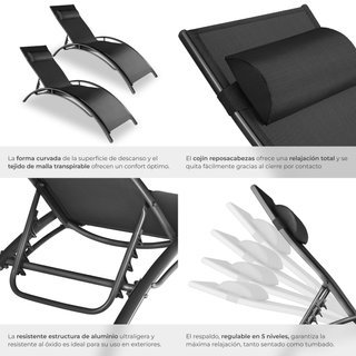 2 tumbonas, aluminio, ajustable en 5 niveles, 180 x 59 x 50 cm, negro